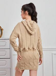 Teen Girl Letter Pattern Drop Shoulder Distressed Hooded Sweater & Knit Skirt - Brown - View 2