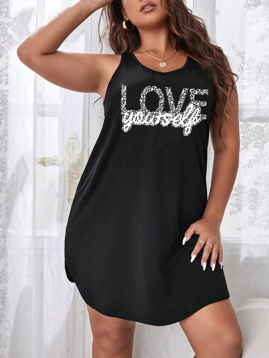 Plus Leopard & Letter Graphic Pajama Nightdress - Black - View 1