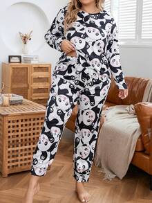 Talla grande Conjunto de pijama panda de dibujos animados con estampado - Blanco y Negro - Ver 3