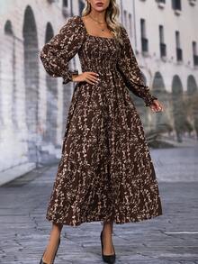 SHEIN LUNE Ditsy Floral Print Square Neck Flare Sleeve Ruffle Hem Dress - Multicolor - View 3