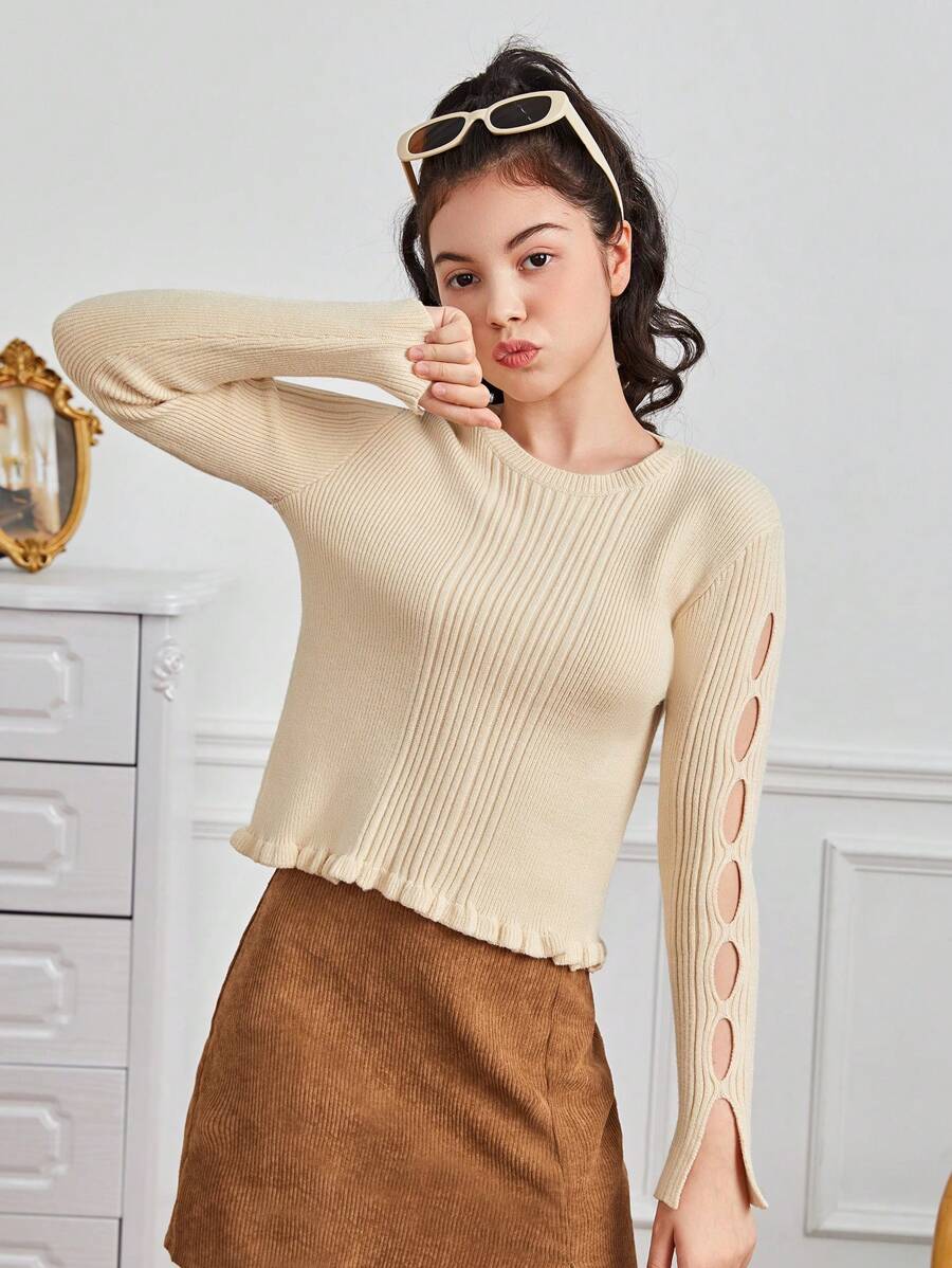 Teen Girl Cut Out Split Sleeve Lettuce Trim Ribbed Knit Sweater