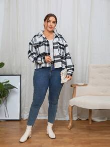 SHEIN Essnce Plus Plaid Print Drop Shoulder Jacket - Multicolor - View 3