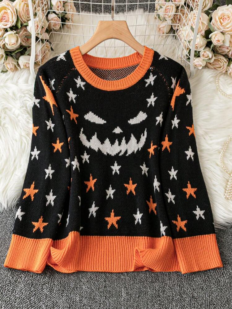Plus Star & Cartoon Pattern Contrast Trim Raglan Sleeve Sweater Knit Pullover Fall Winter Sweater