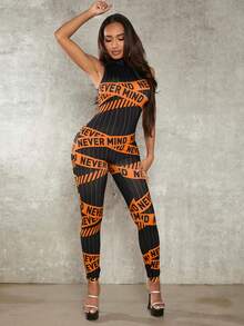 SHEIN SXY Letter Graphic Mock Neck Unitard Jumpsuit - Orange - View 5