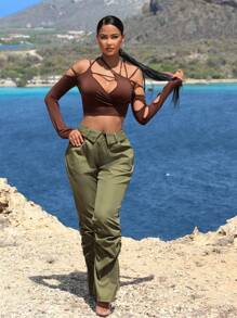 SHEIN SXY Solid Foldover Waist Flare Leg Pants - Army Green - View 9