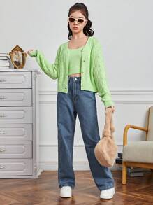 Teen Girl Cable Knit Drop Shoulder Cardigan & Cami Knit Top - Mint Green - View 3