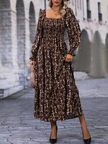 SHEIN LUNE Ditsy Floral Print Square Neck Flare Sleeve Ruffle Hem Dress - Multicolor - View 6