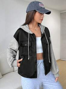SHEIN EZwear Two Tone Flap Pocket Drop Shoulder Drawstring Hooded Jacket - Multicolor - View 4