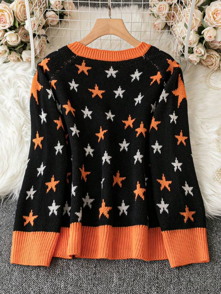 Plus Star & Cartoon Pattern Contrast Trim Raglan Sleeve Sweater Knit Pullover Fall Winter Sweater