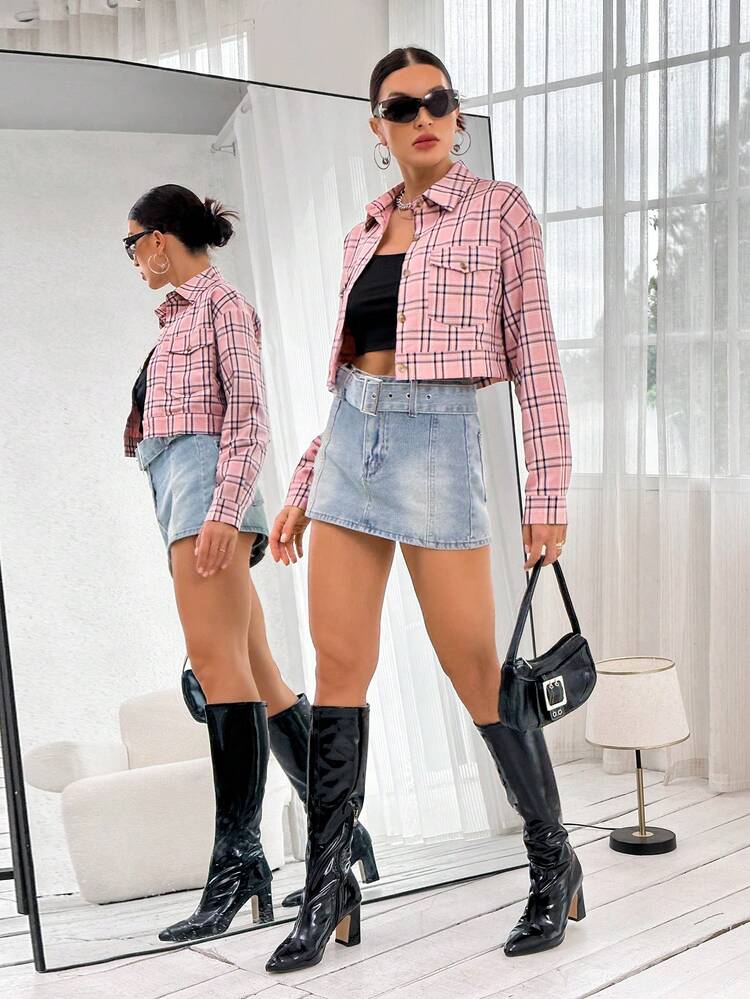 Drop Shoulder Flap Pocket Plaid Crop Jacket