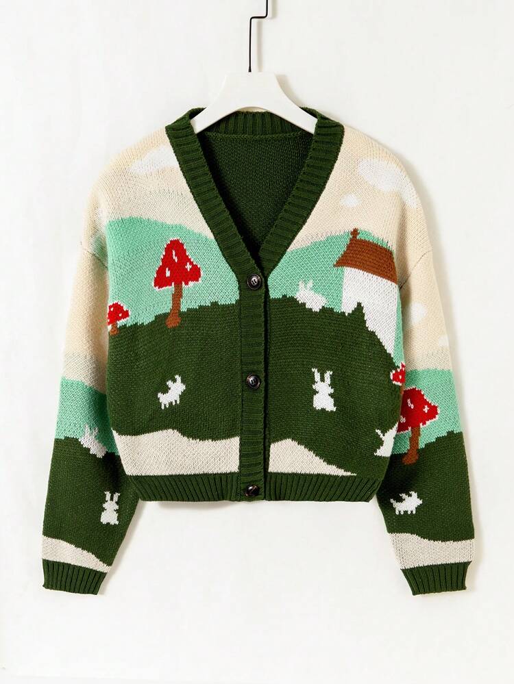 Teen Girl Mushroom Pattern Drop Shoulder Cardigan
