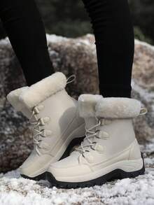 女士米色低帮系带保暖内衬保暖户外雪地靴 - 米色 - 查看 5