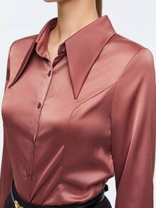 BizChic 純色正面鈕扣緞面襯衫 - 藕粉色 - 查看 7