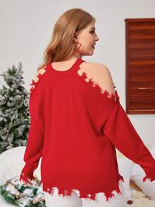 SHEIN Clasi Hơn Vai lạnh Áo len Distressed - Đỏ - Xem 2