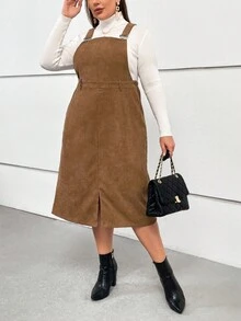 SHEIN Essnce Plus Slant Pocket Corduroy Overall Dress Without Tee - Khaki - View 3