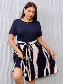 Plus Colorblock Belted Dress - Multicolor - View 4