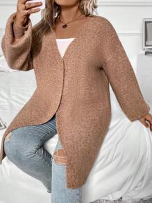 SHEIN LUNE Plus Size Drop Shoulder Cardigan - Camel - View 6