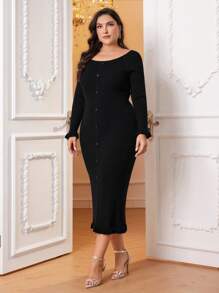 Modelyn Talla grande 1 pieza Vestido de punto con botón delantero puño con fruncido - Negro - Ver 3