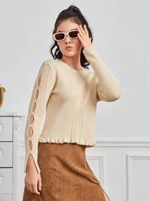 Teen Girl Cut Out Split Sleeve Lettuce Trim Ribbed Knit Sweater