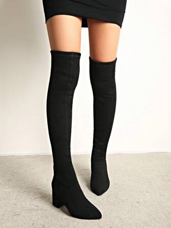 Women's Fashion Thigh High Boots With Zipper, Ideal With Black Dress, Pointed Toe Chunky Heel Suitable For All Seasons Party And Vacation, Wear With Corset Sexy Lady Boots
