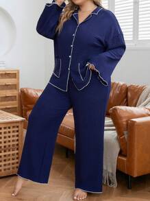 Plus Contrast Binding PJ Set / Pajama Set - Navy Blue - View 5