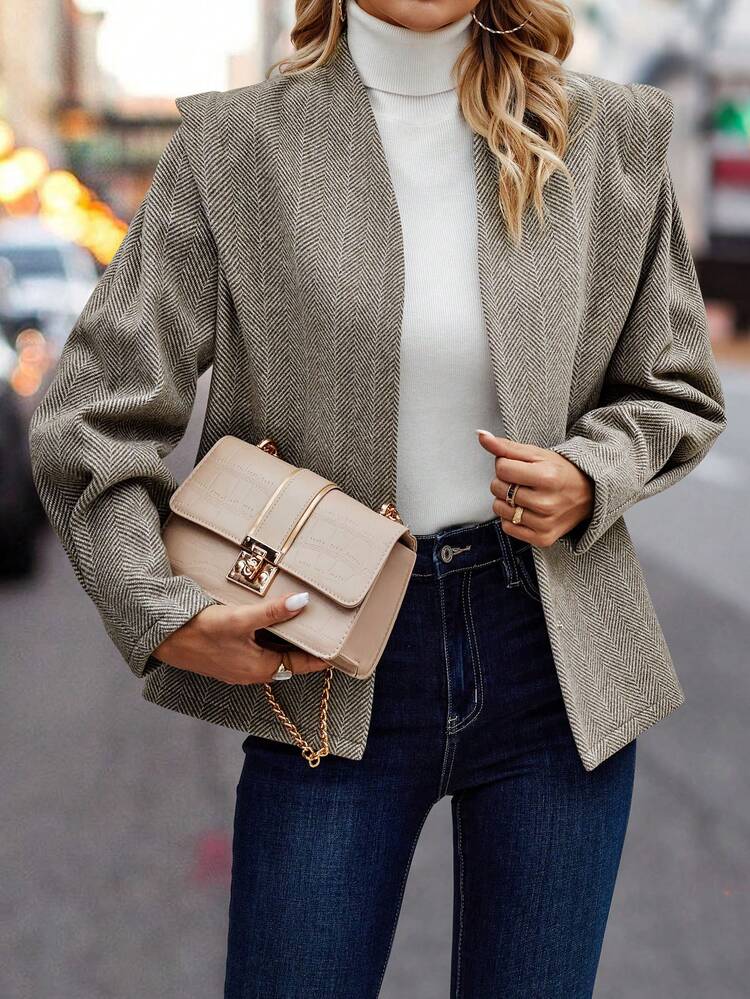 Herringbone Open Front Overcoat