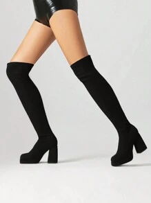 Women's Black Over-the-Knee Sock Boots: Slip-On Stretch Fit with High-Heel Platform and Square Toe - Black - View 4