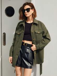 BizChic 有蓋口袋落肩大衣 - 橄欖綠 - 查看 6