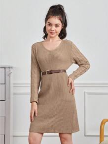 Chica adolescente Vestido de punto tejido de cable 2 en 1 - Caqui - Ver 3