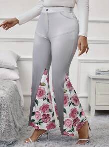 SHEIN Clasi Talla grande Pantalones acampanados con estampado floral de ombré - Gris Claro - Ver 4