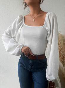 EURMUSE Square Neck Lantern Sleeve Crop Blouse - White - View 5