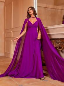 Vestido de fiesta de manga capa de gasa con Capa - Morado - Ver 6