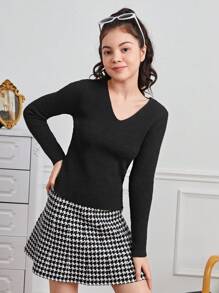 Teen Girl V Neck Ribbed Knit Sweater - Black - View 4