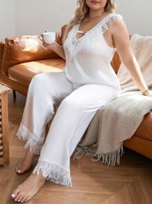 加蕾丝流苏边缎面睡衣套装/睡衣套装白色套装 - 白色 - 查看 1
