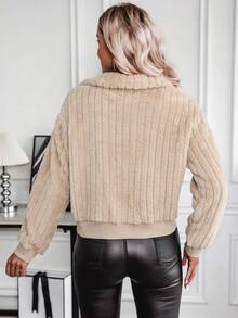 SHEIN LUNE Dây kéo Thả vai Áo Teddy Jackets - Màu be - Xem 2