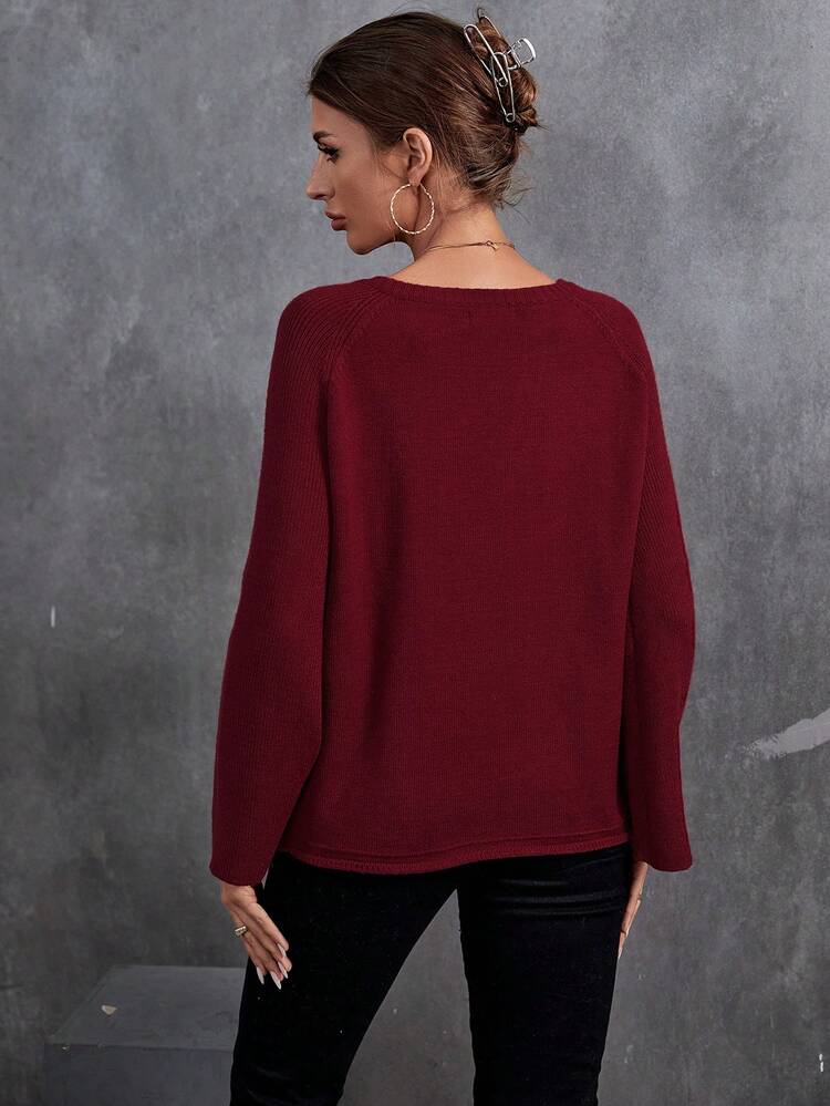 Notched Neckline Flare Sleeve Knit Pullover Fall Winter Sweater