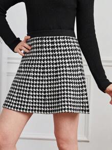 Teen Girl Houndstooth Pattern A-Line Knit Skirt - Black and White - View 1