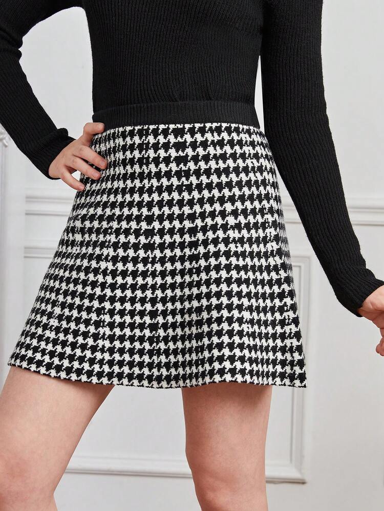 Teen Girl Houndstooth Pattern A-Line Knit Skirt