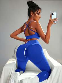 Easithlete Crisscross Back Scrunch Butt Wideband Waist Sports Set - Royal Blue - View 6