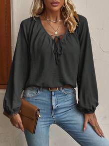 SHEIN LUNE Cà vạt Tay áo lồng đèn Áo sơ mi - Màu xám đen - Xem 4