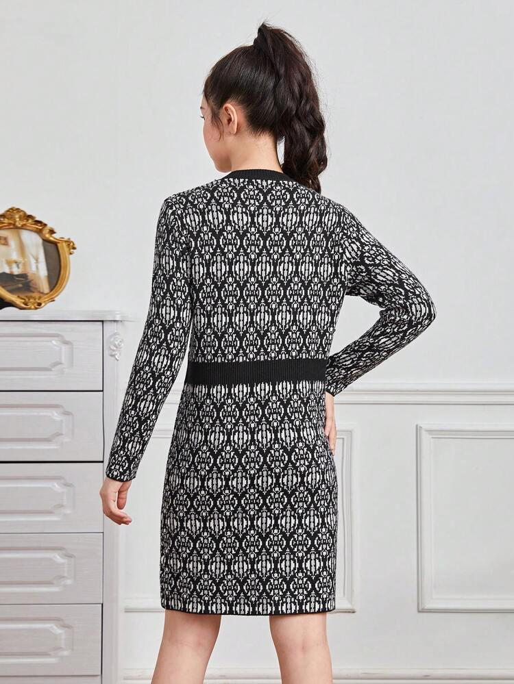 Teen Girl Allover Pattern Button Front Sweater Dress