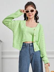 Teen Girl Cable Knit Drop Shoulder Cardigan & Cami Knit Top - Mint Green - View 1
