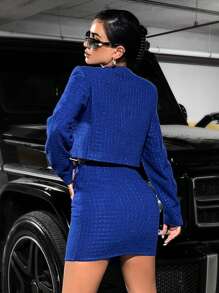 SHEIN PETITE Button Front Crop Jacket & Asymmetrical Hem Skirt - Blue - View 2