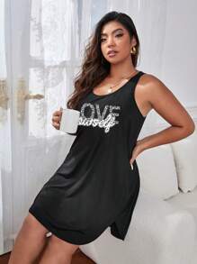 Plus Leopard & Letter Graphic Pajama Nightdress - Black - View 4