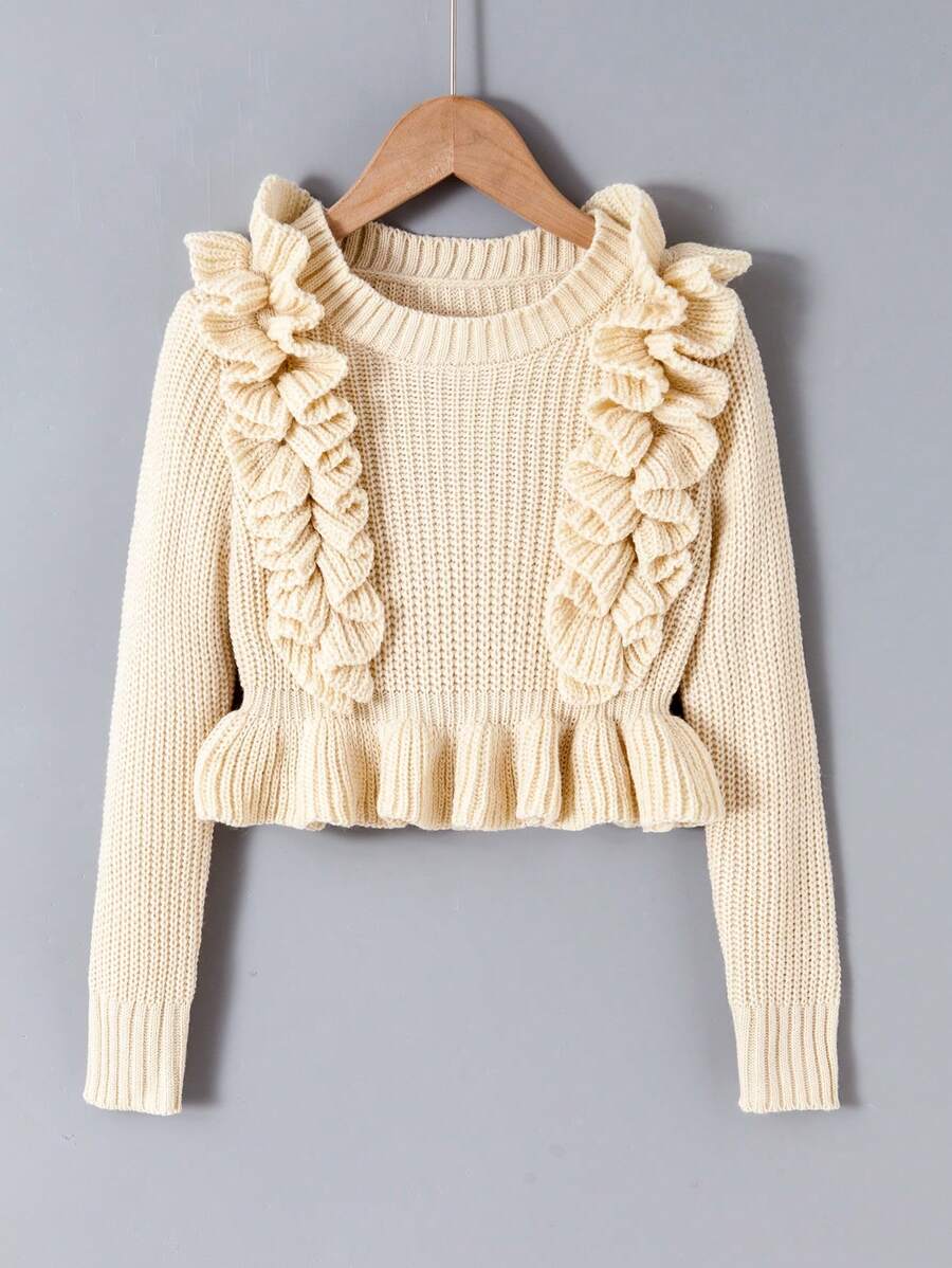 SHEIN Tween Girl Ruffle Trim Peplum Sweater - Apricot - View 1
