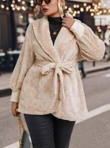 SHEIN LUNE Plus Shawl Collar Open Front Fleece Coat - Apricot - View 5