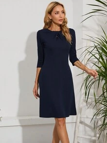 HOMEYEE Solid Hidden Pocket Dress - Navy Blue - View 4