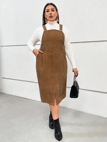 SHEIN Essnce Plus Slant Pocket Corduroy Overall Dress Without Tee - Khaki - View 4