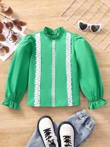 SHEIN Tween Girl Guipure Lace Insert Flounce Sleeve Frilled Neck Blouse - Green - View 1