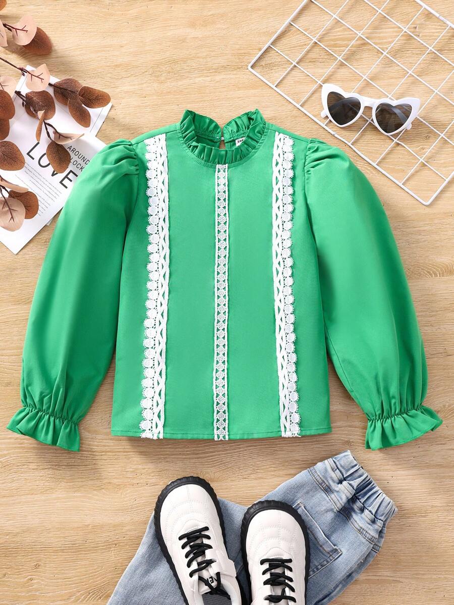SHEIN Tween Girl Guipure Lace Insert Flounce Sleeve Frilled Neck Blouse - Green - View 1